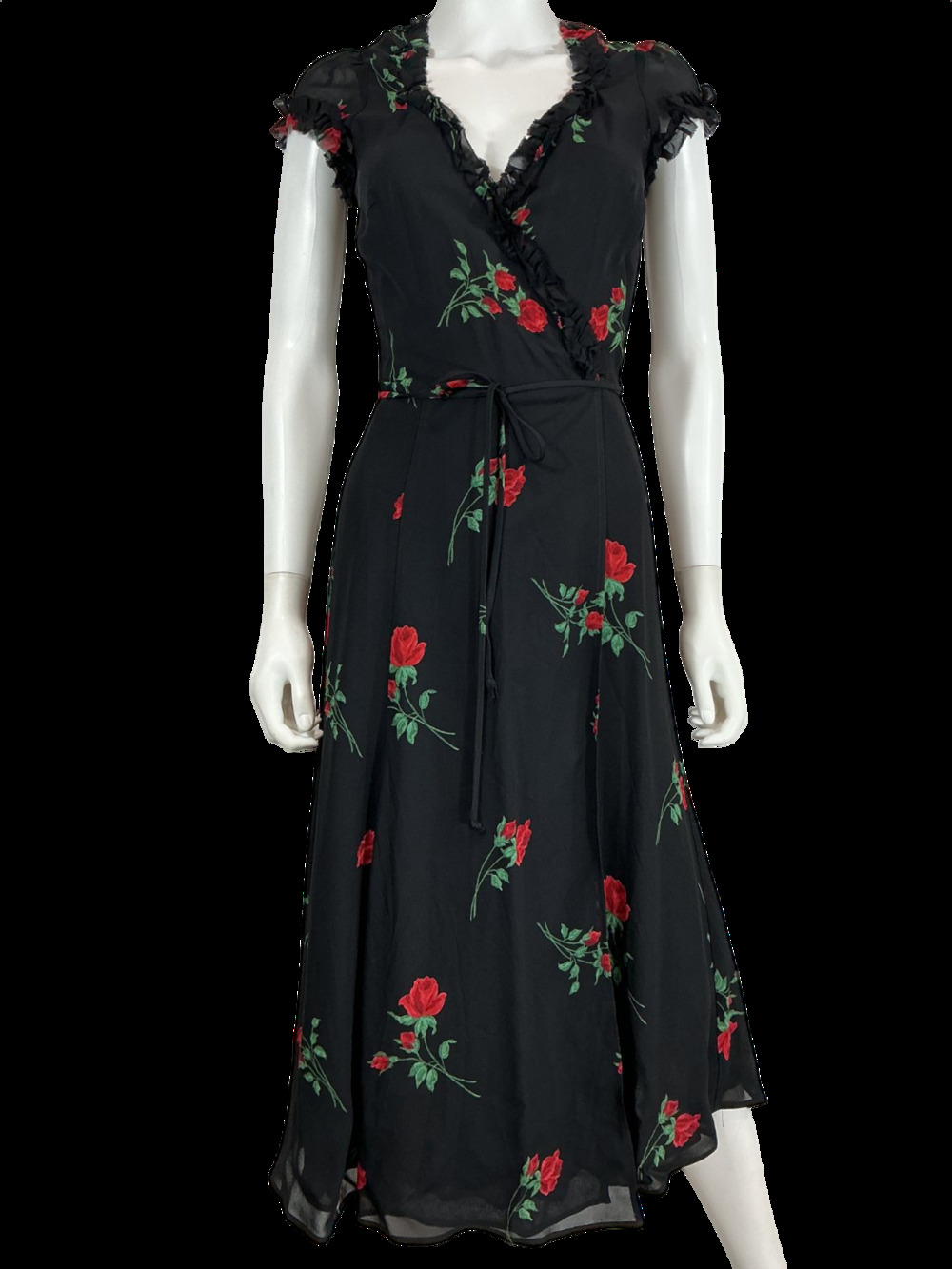 Reformation Romantic Black Rose Print Wrap Midi Dress Size S